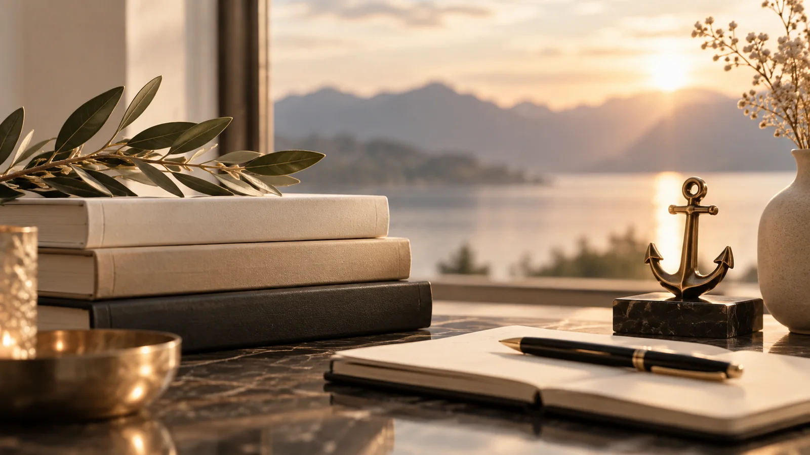 Goldener Anker neben Büchern und Notizbuch im warmen Abendlicht